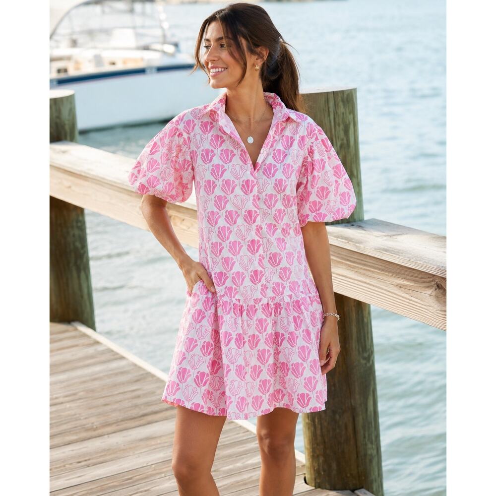WKND Frock It Pink Tulip Dress XS Puff Sleeve Drop Waist Coastal Mini